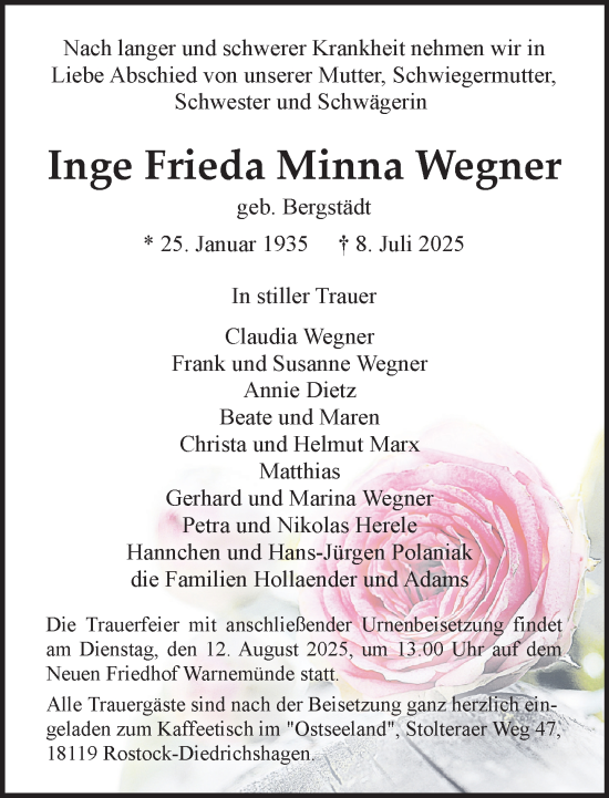 Traueranzeige von Inge Frieda Minna Wegner von Norddeutsche Neueste Nachrichten