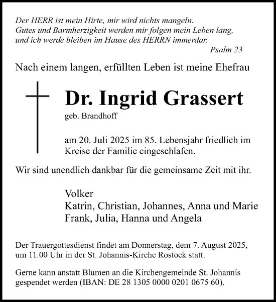 Traueranzeige von Ingrid Grassert von Norddeutsche Neueste Nachrichten