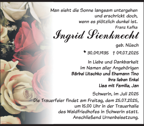 Traueranzeige von Ingrid Sienknecht von Zeitung für die Landeshauptstadt