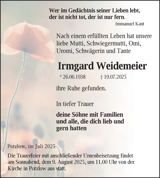 Traueranzeige von Irmgard Weidemeier von Uckermark Kurier Prenzlauer Zeitung