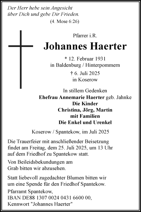 Traueranzeige von Johannes Haerter von Uckermark Kurier Prenzlauer Zeitung