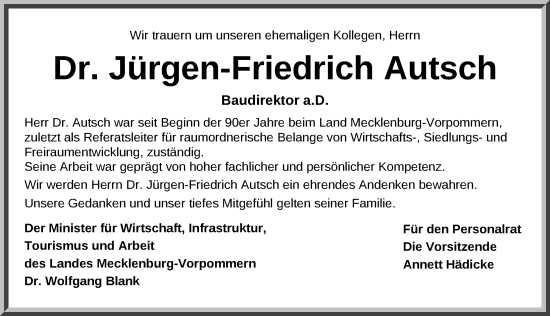 Traueranzeige von Jürgen-Friedrich Autsch von Zeitung für die Landeshauptstadt
