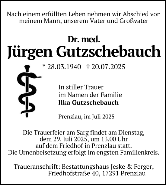 Traueranzeige von Jürgen Gutzschebauch von Uckermark Kurier Prenzlauer Zeitung