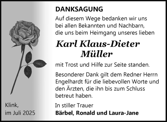Traueranzeige von Karl Klaus-Dieter Müller von Nordkurier Müritz-Zeitung