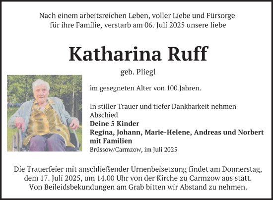 Traueranzeige von Katharina Ruff von Uckermark Kurier Prenzlauer Zeitung