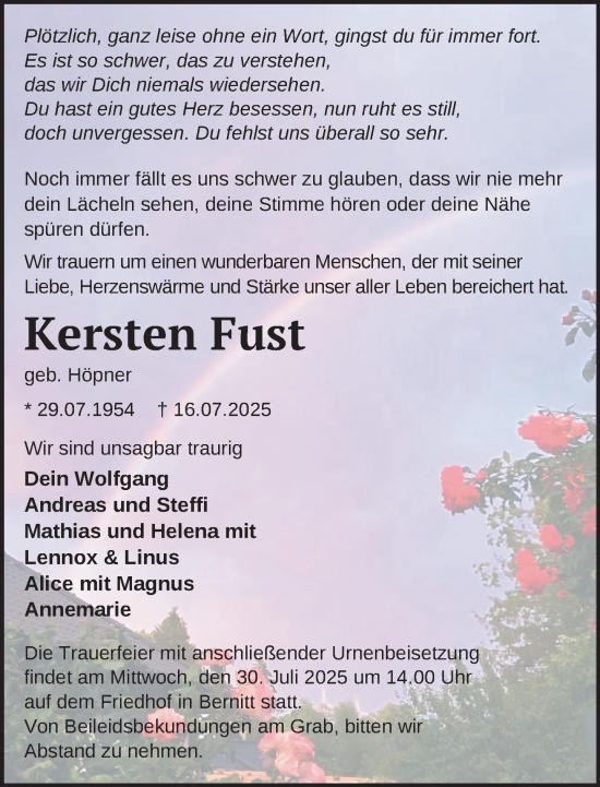 Traueranzeige von Kersten Fust von Güstrow und Bützow