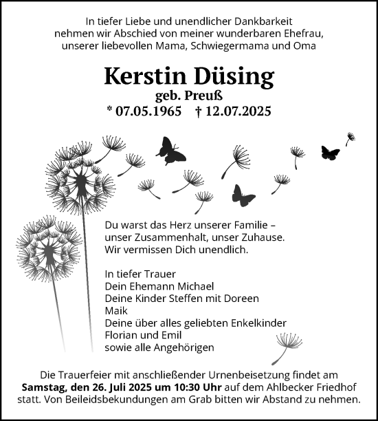 Traueranzeige von Kerstin Düsing von Nordkurier Haff-Zeitung
