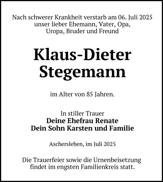 Traueranzeige von Klaus-Dieter Stegemann von Nordkurier Haff-Zeitung