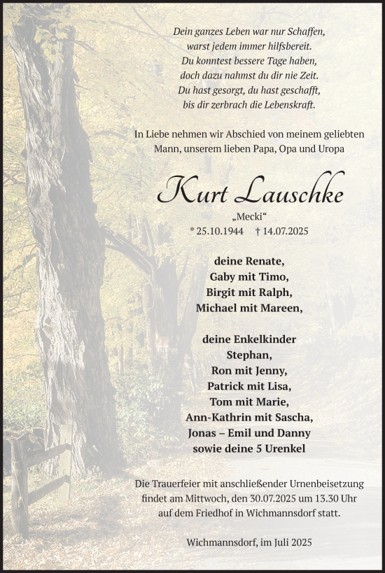Traueranzeige von Kurt Lauschke von Uckermark Kurier Templiner Zeitung