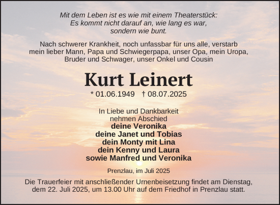 Traueranzeige von Kurt Leinert von Uckermark Kurier Prenzlauer Zeitung