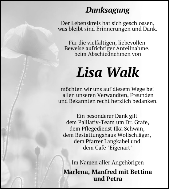 Traueranzeige von Lisa Walk von Uckermark Kurier Templiner Zeitung