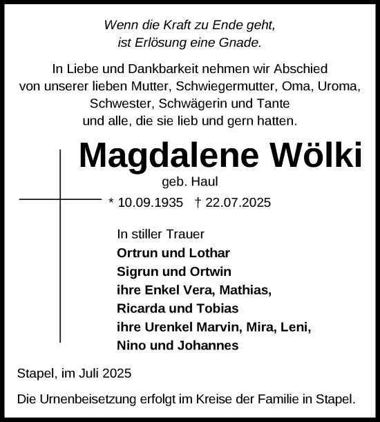 Traueranzeige von Magdalene Wölki von Hagenower Kreisblatt