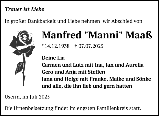 Traueranzeige von Manfred Maaß von Nordkurier Strelitzer Zeitung