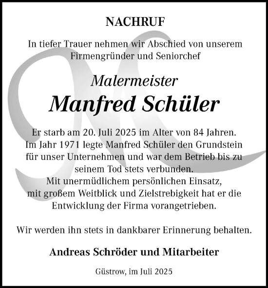 Traueranzeige von Manfred Schüler von Güstrow und Bützow