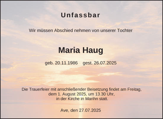 Traueranzeige von Maria Haug von Nordkurier Müritz-Zeitung