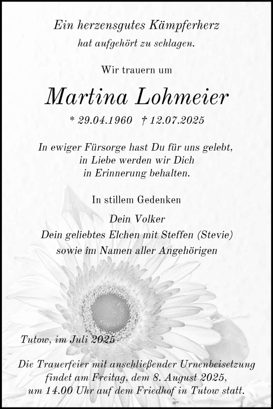Traueranzeige von Martina Lohmeier von Nordkurier Vorpommern Kurier