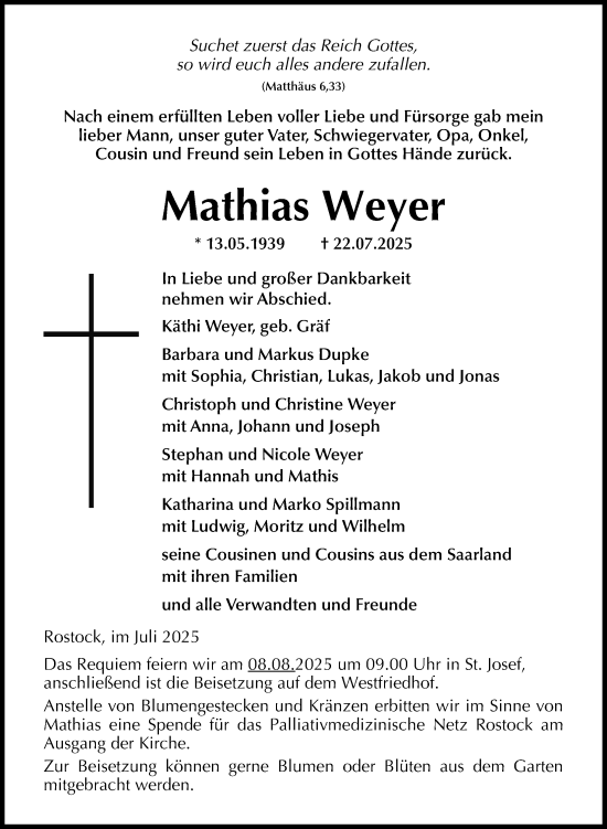 Traueranzeige von Mathias Weyer von Norddeutsche Neueste Nachrichten