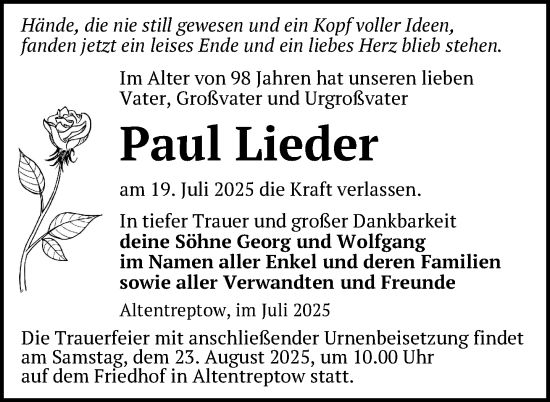 Traueranzeige von Paul Lieder von Nordkurier Neubrandenburger Zeitung