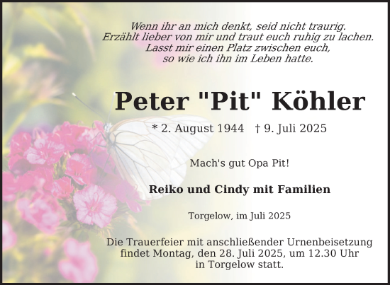 Traueranzeige von Peter Köhler von Nordkurier Haff-Zeitung