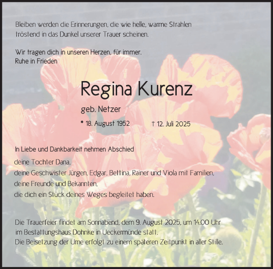 Traueranzeige von Regina Kurenz von Nordkurier Haff-Zeitung