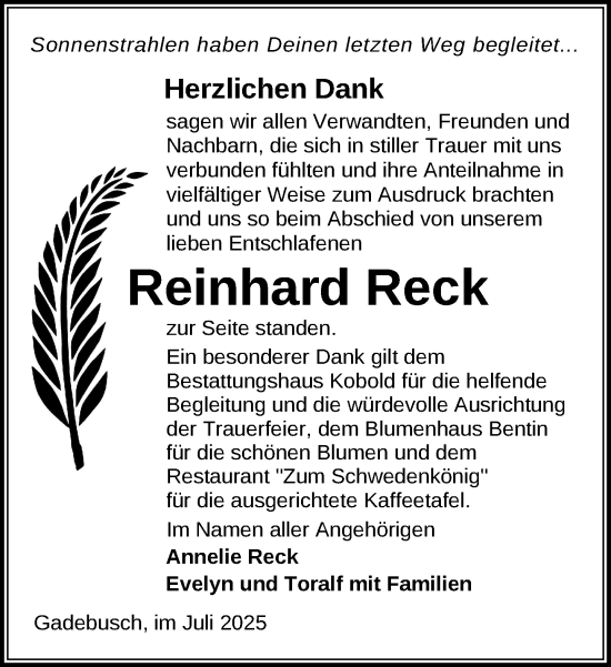 Traueranzeige von Reinhard Reck von Gadebusch - Rehnaer Zeitung