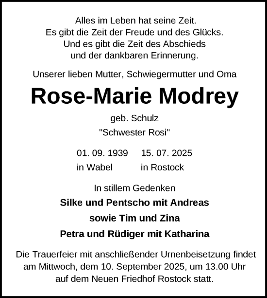 Traueranzeige von Rose-Marie Modrey von Nordkurier Neubrandenburger Zeitung
