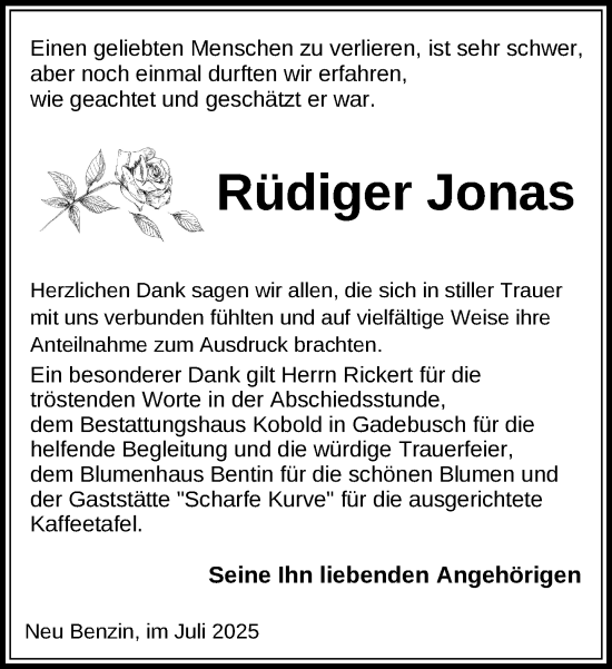 Traueranzeige von Rüdiger Jonas von Gadebusch - Rehnaer Zeitung