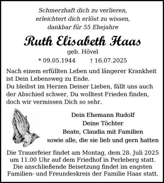 Traueranzeige von Ruth Elisabeth Haas von Der Prignitzer, Prignitz Express