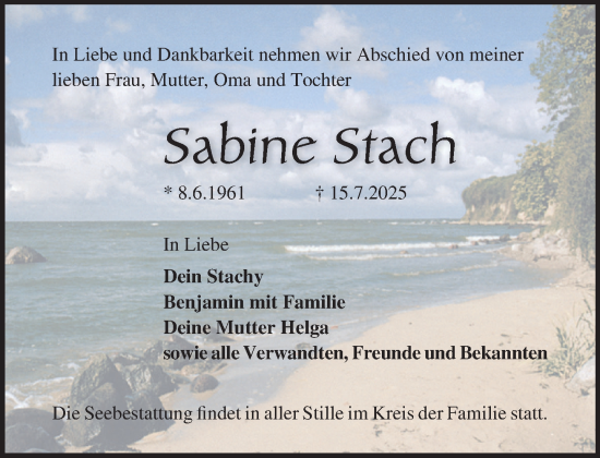 Traueranzeige von Sabine Stach von Norddeutsche Neueste Nachrichten
