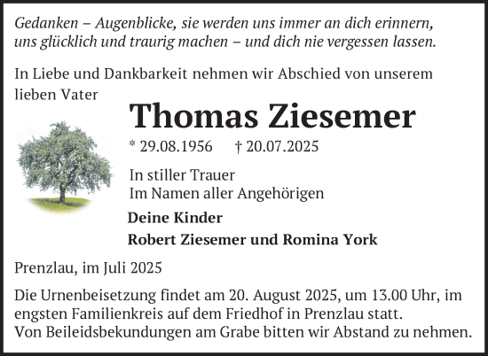 Traueranzeige von Thomas Ziesemer von Uckermark Kurier Prenzlauer Zeitung