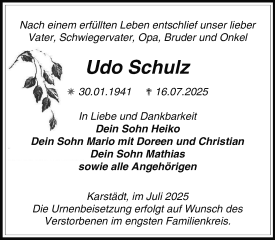 Traueranzeige von Udo Schulz von Der Prignitzer, Prignitz Express