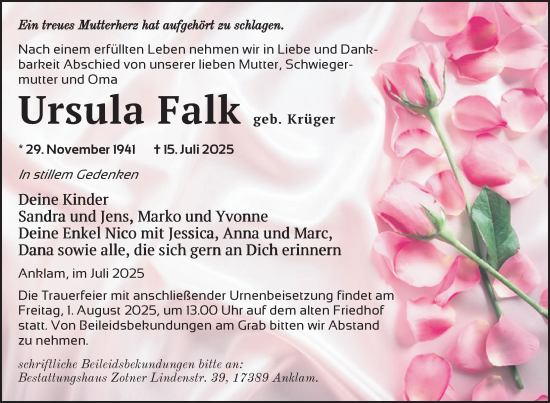 Traueranzeige von Ursula Falk von Nordkurier Vorpommern Kurier