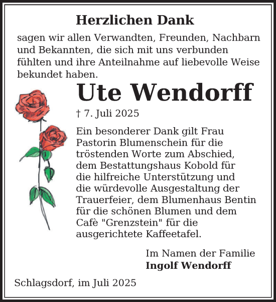 Traueranzeige von Ute Wendorff von Gadebusch - Rehnaer Zeitung