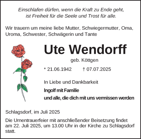 Traueranzeige von Ute Wendorff von Gadebusch - Rehnaer Zeitung