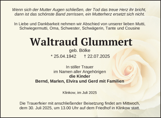 Traueranzeige von Waltraud Glummert von Uckermark Kurier Prenzlauer Zeitung