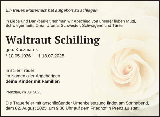 Traueranzeige von Waltraut Schilling von Uckermark Kurier Prenzlauer Zeitung