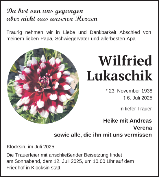 Traueranzeige von Wilfried Lukaschik von Nordkurier Müritz-Zeitung