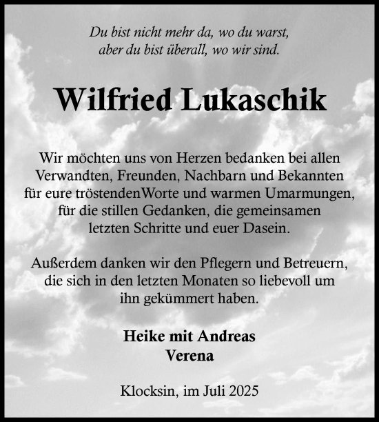 Traueranzeige von Wilfried Lukaschik von Nordkurier Müritz-Zeitung