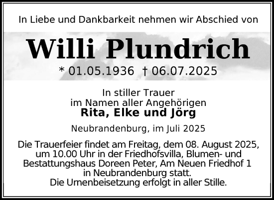 Traueranzeige von Willi Plundrich von Nordkurier Neubrandenburger Zeitung