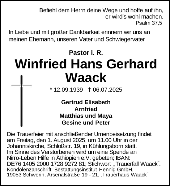 Traueranzeige von Winfried Hans Gerhard Waack von Zeitung für die Landeshauptstadt