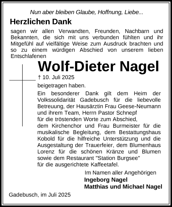 Traueranzeige von Wolf-Dieter Nagel von Zeitung für die Landeshauptstadt