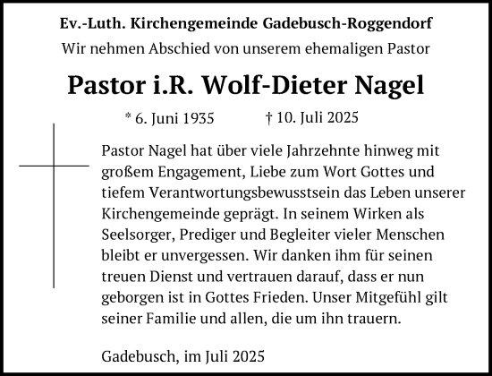 Traueranzeige von Wolf-Dieter Nagel von Gadebusch - Rehnaer Zeitung