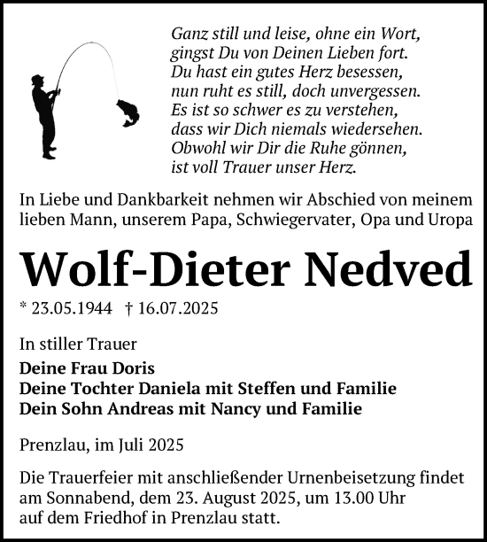 Traueranzeige von Wolf-Dieter Nedved von Uckermark Kurier Prenzlauer Zeitung