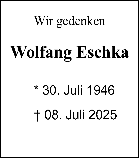 Traueranzeige von Wolfang Eschka von Norddeutsche Neueste Nachrichten