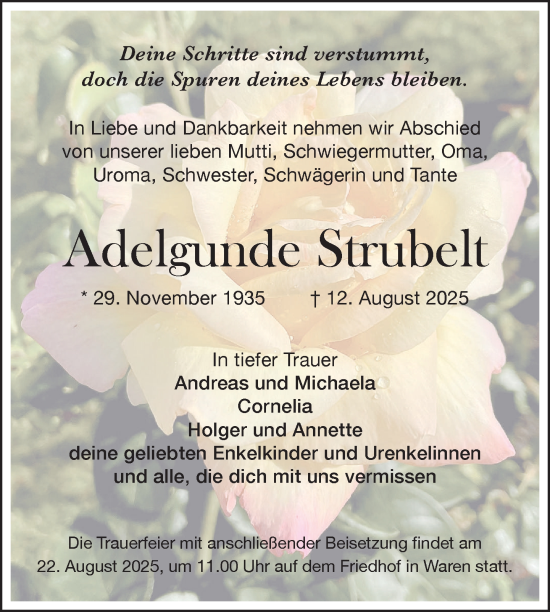 Traueranzeige von Adelgunde Strubelt von Nordkurier Müritz-Zeitung