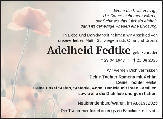 Traueranzeige von Adelheid Fedtke von Nordkurier Neubrandenburger Zeitung