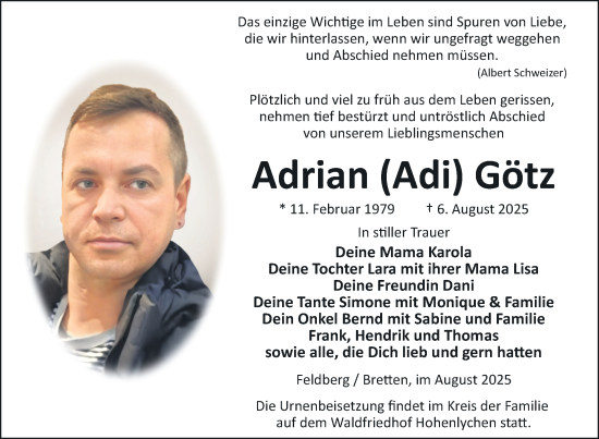 Traueranzeige von Adrian Götz von Nordkurier Strelitzer Zeitung