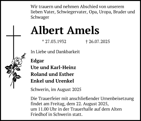 Traueranzeige von Albert Amels von Zeitung für die Landeshauptstadt