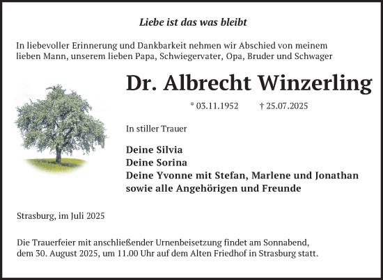 Traueranzeige von Albrecht Winzerling von Nordkurier Pasewalker Zeitung