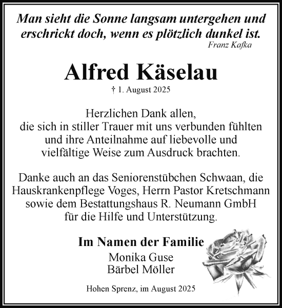 Traueranzeige von Alfred Käselau von Güstrow und Bützow